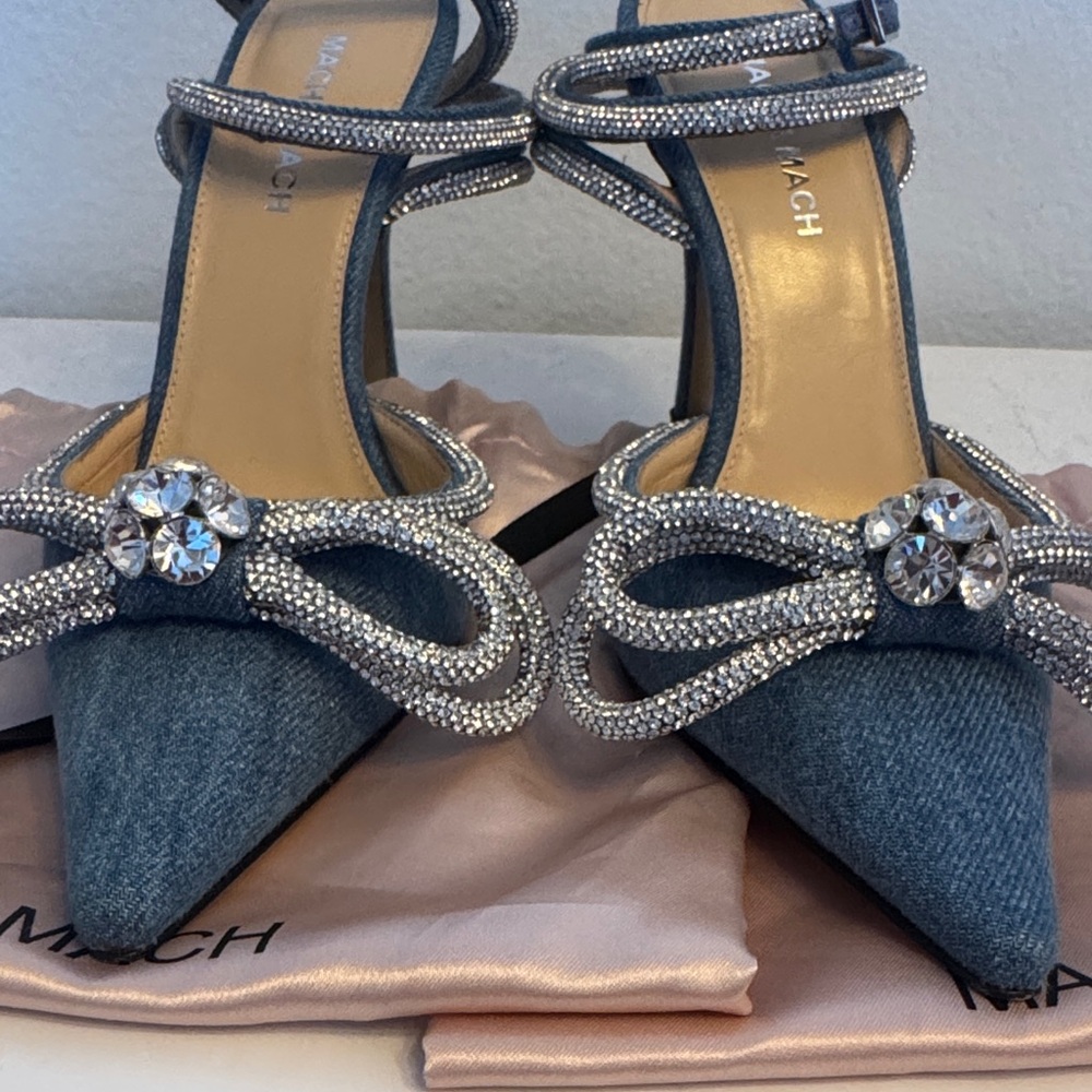 MACH & MACH Denim and Silver Bow Heels - Picture 3 of 9